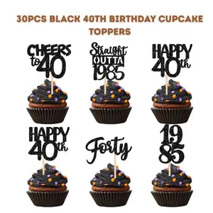 30PCS Black 40th Birthday Cupcake Toppers – Glitter Forty, Straight Outta 1985 Picks for Cheers to 40 Years, Wedding Anniversary & Birthday Party Decorations