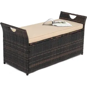 VINGLI 40 Gallon Outdoor Storage Bench with Cushion, Rattan Storage Box, Patio Wicker Deck Box with Seat for Garden | Balcony | Porch | Pool | Yard (Brown Frame + Beige Cushion)