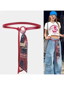Silk Belt Accessories for Women - Ribbon Waist Chain Belt, Hip-Hop Punk Retro American Style Decorative Belt for Jeans with Red