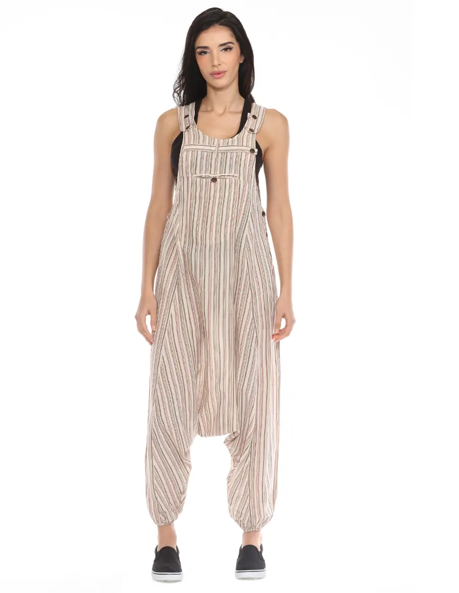 Caravan Closet Women's Trendy Fashion Sleeveless Strap Striped Cotton Boho Hippie Fit Harem Overall, Trend, Adjustable, Bohemian, Button, Casual, Clothes, Loose, Strappy, Piece, Bib