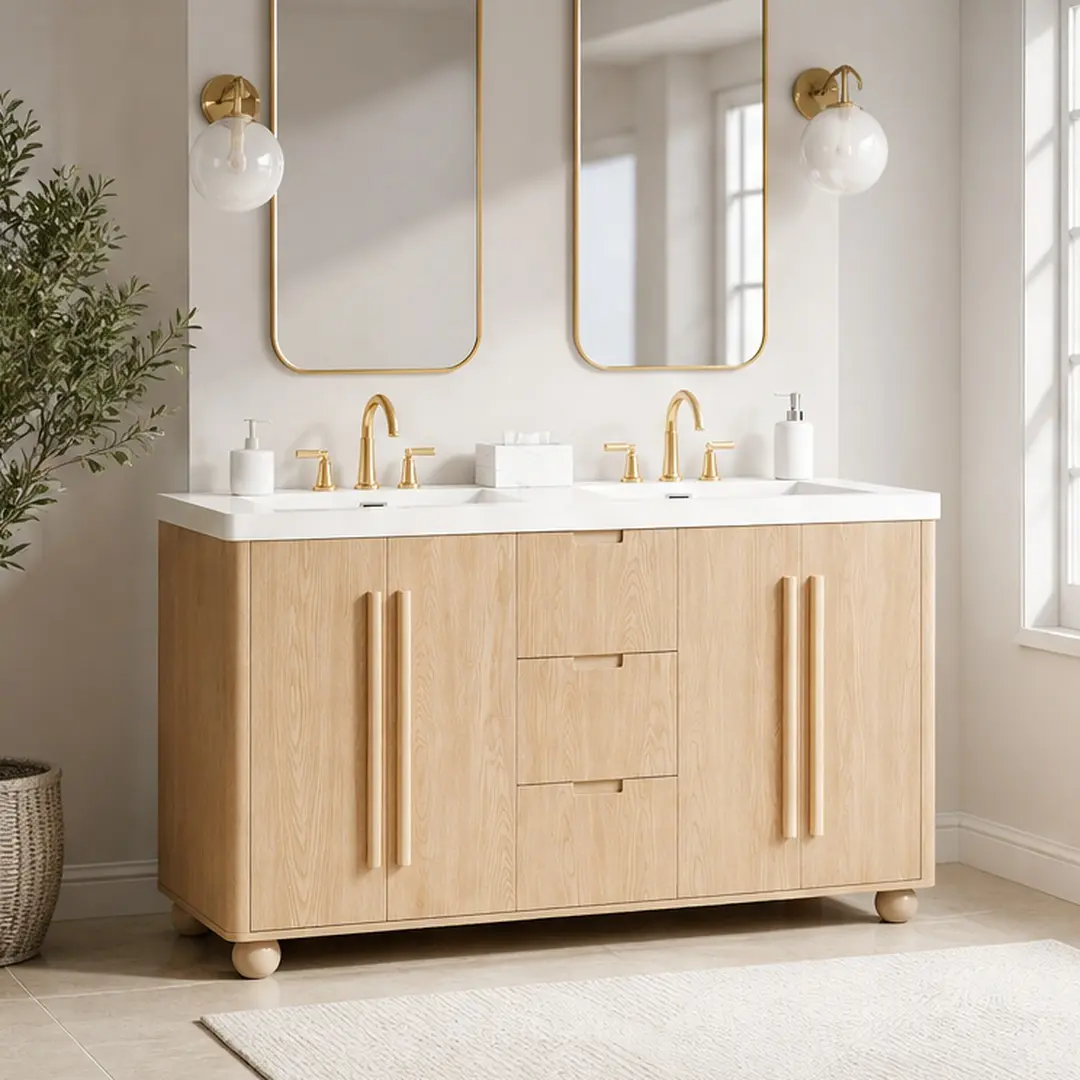 59.1" Double Sink Bathroom Vanity with Resin Sinks, Solid Wood Handles, Natural Wood Grain Finish, Soft-Close Doors & 3 Drawers, Adjustable Shelves, Open Back Plumbing, Floor Cabinet for Bathroom Storage, Wood Color, Wood Color Options