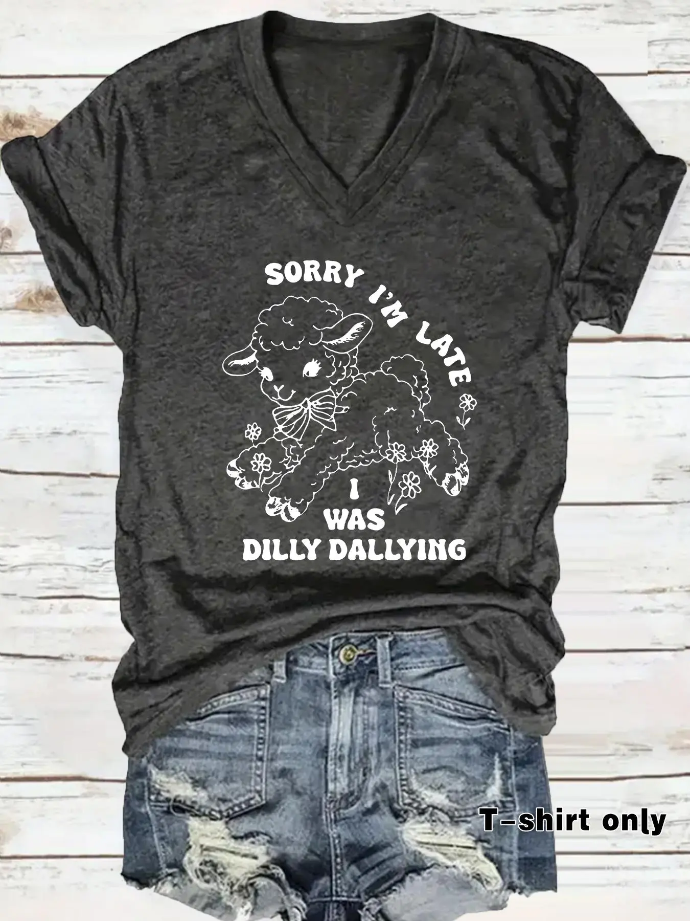 Women's Sheep & Letter Print V Neck Tee, Casual Fashion Short Sleeve T-shirt for Summer, Ladies Clothes for Daily Wear, Top, Everyday, Womenswear