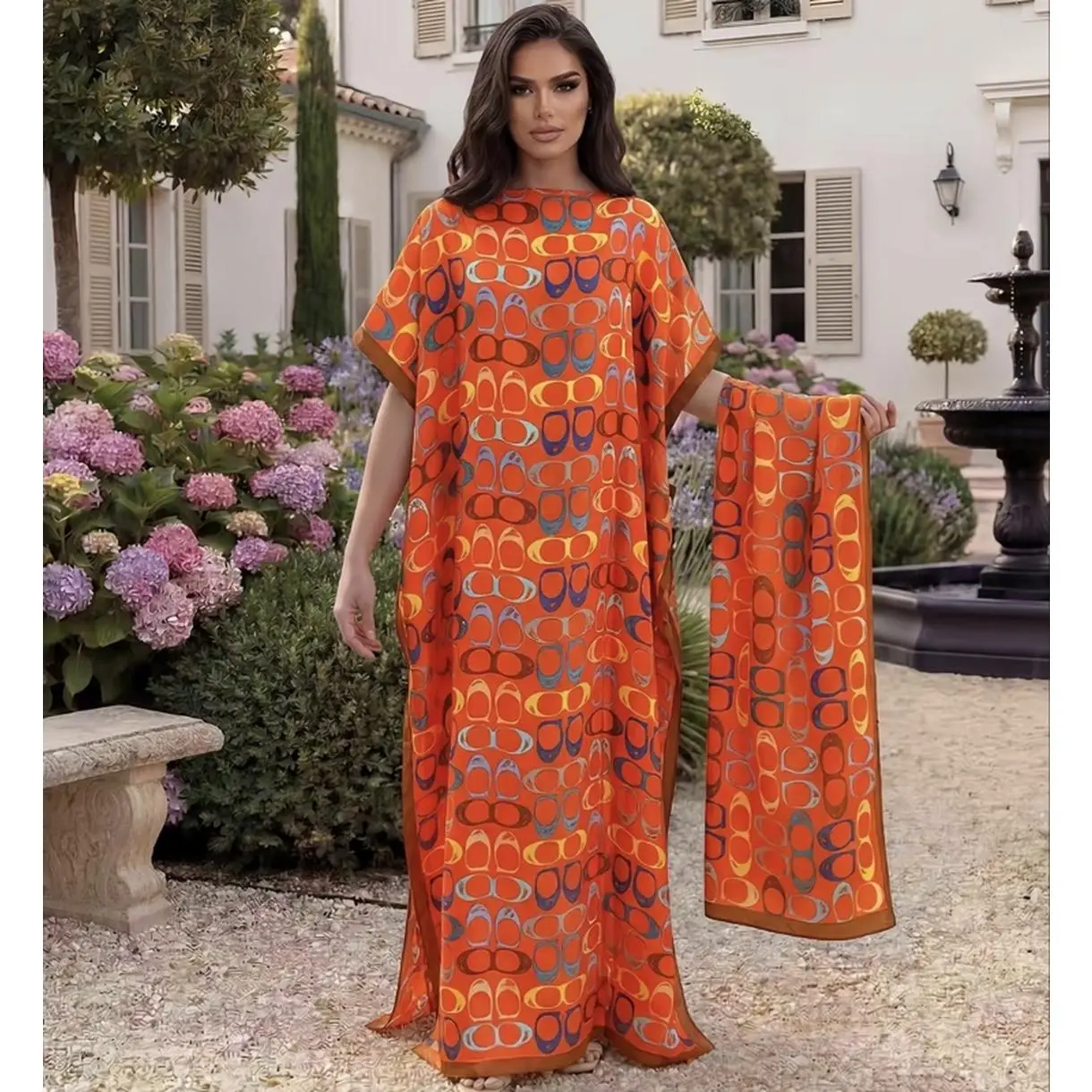 Elegant Floral Print Full-Length Kaftan with Decorative Border Details for Everyday Wear Special Occasions Gatherings Travel or Relaxing in Comfort