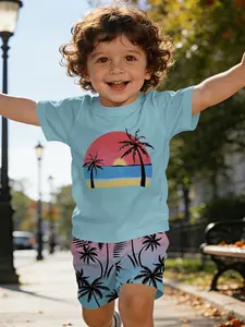 Summer Vacation Coconut Tree Sunset Print T-shirt Digital Print Infant & Toddler Short Sleeve Set, Baby Casual Fun Active Kids' Clothing, T-shirt Suitable for Daily and Outdoor Sports, 100% Polyester, Perfect Gift for Infants and Toddlers!