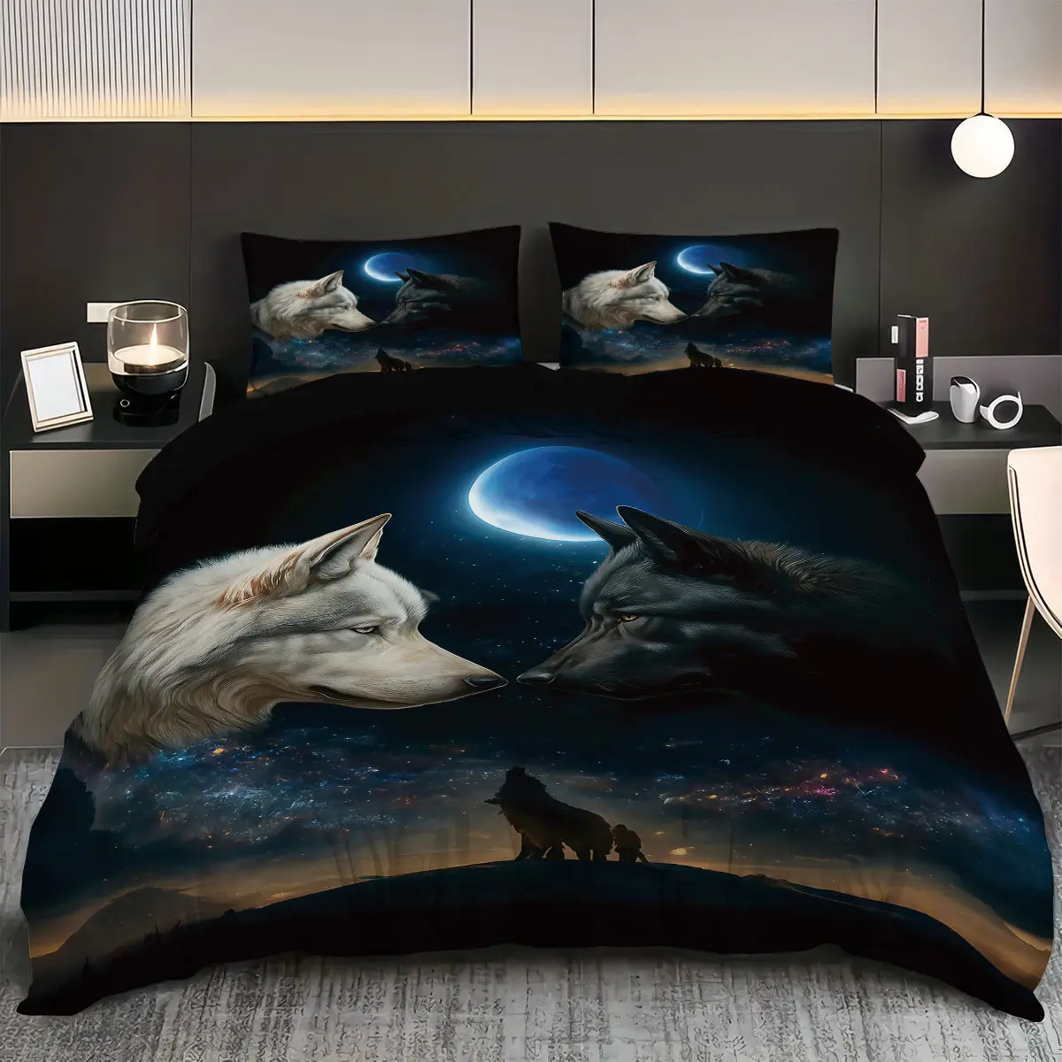 3-piece set (1 quilt cover +2 pillowcases, coreless) Wolf element printed quilt cover set under moonlit night, soft and comfortable bedding set, suitable for use in all rooms, available all year round, room decoration, Comfy bedding set, Comfy bed sets