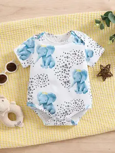 2026 Spring Summer Cartoon Elephant Print Baby Onesie, Unisex Toddler Triangle Romper, Cute Envelope Round Neck Bib Overall