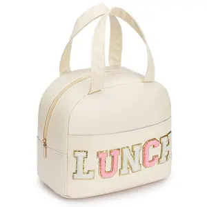 Lunch Bag For Women Insulated Men Pu Leather Small Office Work With Chenille Letters Leakproof Freezable Cooler Reusable Portable Box (white)