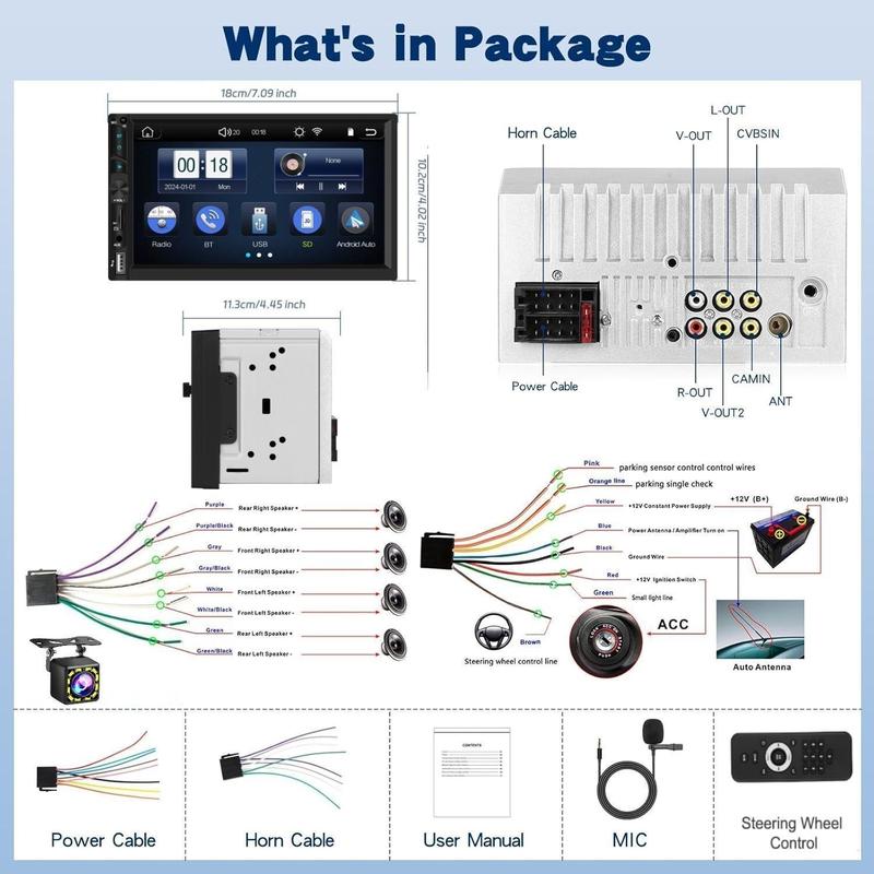 Double Din Wireless Carplay Android Auto Car Stereo, 7” IPS Touch Screen Car Audio Receiver with YouTube Video Playback, WiFi GPS FM Bluetooth Hands-Free, Mirror Link, Backup Camera, EQ, USB/AUX/SWC, MIC, Father's Day Gift