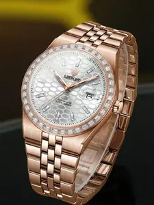 Elegant Rose Gold Men's Watch with Diamond Bezel, Honeycomb Dial, Steel Band, Quartz Movement, Perfect Gift for Holidays & Valentine's Day