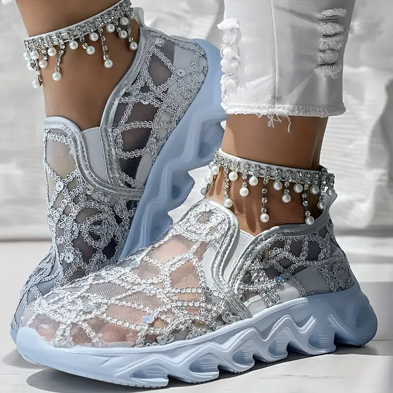 Women's CBI STYLE Aesthetic Glitter Mesh Casual Sneakers - Sequin Lace-Up, Breathable Fabric Upper, PU Sole, All-Season Low-Top Comfortable Everyday Walking Shoes