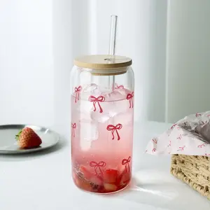 Coquette Aesthetic Glass Cups with Lids and Straws Pink Bow Iced Coffee Cup Decor Cute Tumbler Smoothie with Cleaning Brush Gift Box for Girls Women Friends 16 oz Aesthetic Iced Coffee Cup Stylish Star Design Preppy Cup with Brush