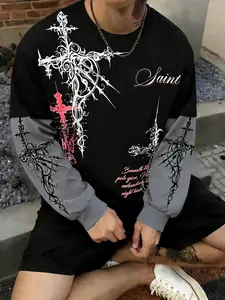 Unisex design, Print, gothic style, features gothic patterns and cross-stitch motifs, lightweight, Fitted, spring-to-autumn style, patchwork, retro-vintage long-sleeve T-shirt, Y2K style, suitable for streetwear, casual wear, trendy outfits, outdoor ac