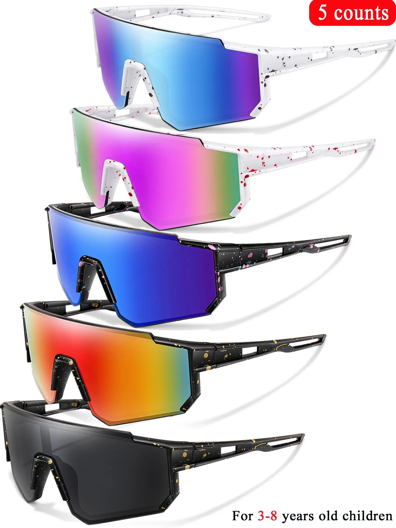 5-Piece Set Stylish Large Frame Kids Summer Sports Sunglasses for Ages 3-8, Uv400 Protection, Colorful Polka Dot Frames for Outdoor Activities, Accessories