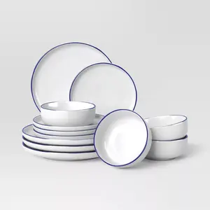 12pc Stoneware Dinnerware Set Blue Rim - Threshold