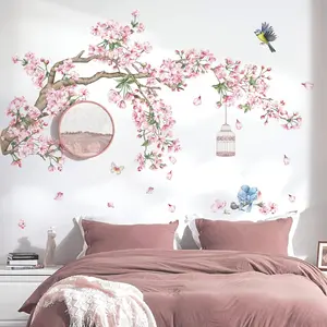 Cherry Blossom Tree Branch Wall Decals Pink Flower Birds Wall Stickers Bedroom Living Room Sofa TV Background Wall Decor