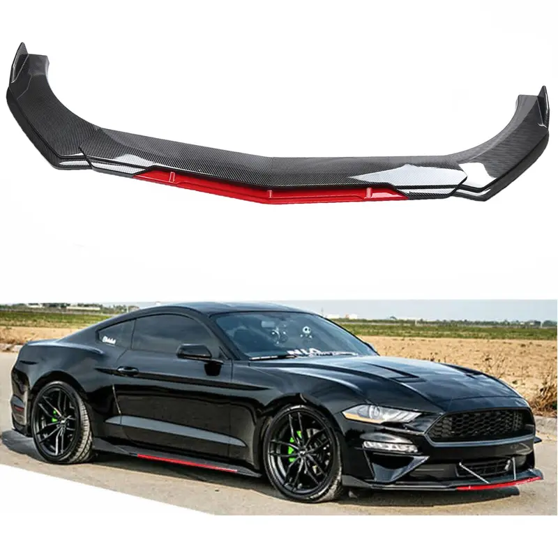 1 x Set of Carbon Fiber Front Bumper Lip Splitter Spoiler - Universal ABS Plastic Body Kit, Sturdy Front Lip Scratch Guard for Ford Mustang, Includes Screws, Elegant & Personalized Appearance
