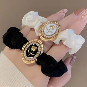 1/2 Pcs Silk Scrunchies With Vintage Flower Decor For Women Large Scrunchie Satin Silk Thick Elastic Hair Ties Hair Scrunchies