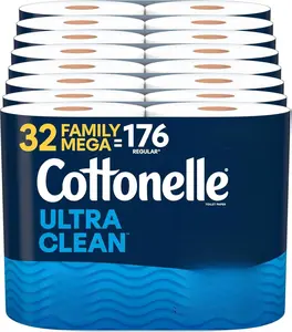 Cottonelle Ultra Clean Toilet Paper with Active CleaningRipples Texture, Strong Bath Tissue, 32 Family Mega Rolls = 176 Regular Rolls (8 Packs of 4)