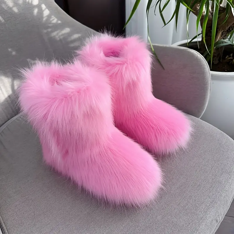 Cozy Pink Faux Fur Winter Boots for Women - Warm Plush Snow Boots with Soft Rubber Sole, Stylish Plus Size Footwear for Cold Weather, Winter Shoes