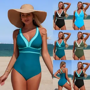 Women's High Elastic Nylon-Spandex 1-Piece Swim Bodysuit, Quick-Dry V-Neck Color Block Swimwear with Contrast Trim, Ideal for Summer Vacations