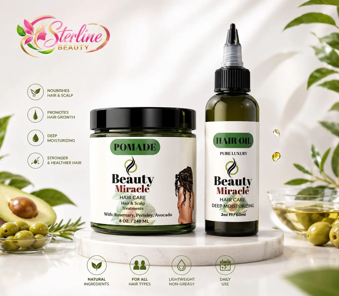 Haircare 2-Piece Styling & Treatment Kit - 8oz Pomade, 2oz Scalp & Hair Nourishing Oil for Personal Care Styling Needs
