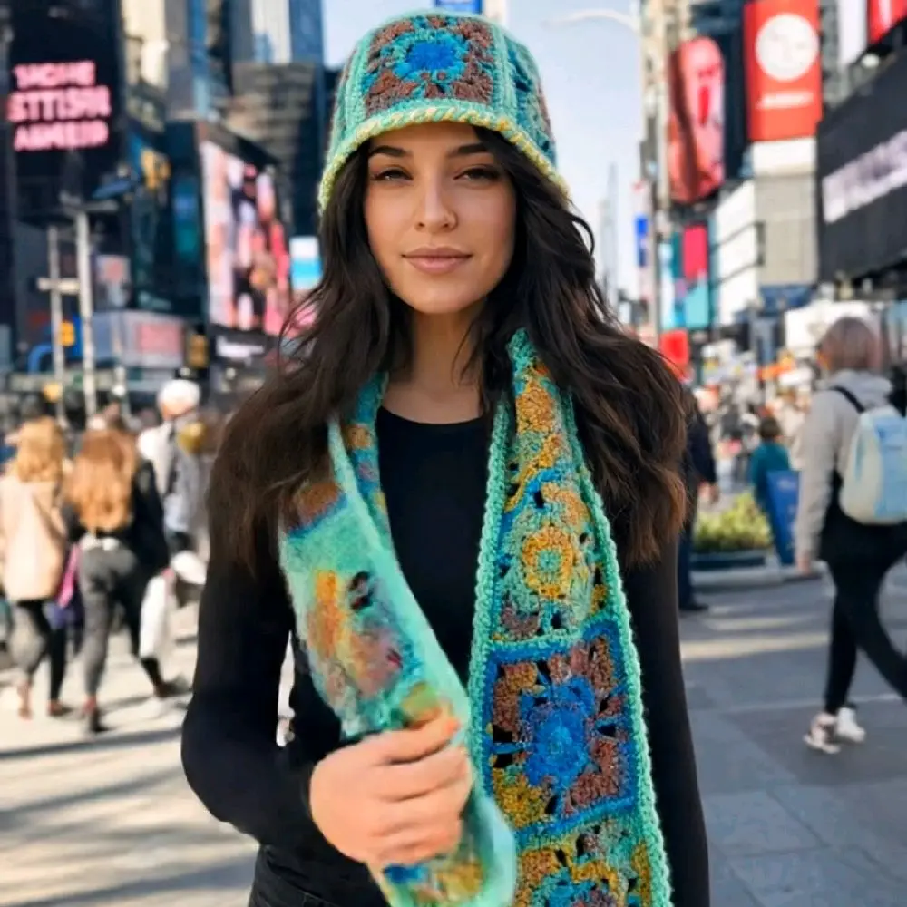 Hand-Crocheted 2-Piece Granny Square Set - Floral Pattern Scarf and Hat with Aqua, Mustard Yellow, Rust Orange, and Blue Colors
