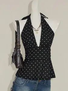 Women's Casual Halter Deep V-Neck Polka Dot Top Wrap Back Slim Fit Sleeveless Summer Homecoming Top - Fabric
