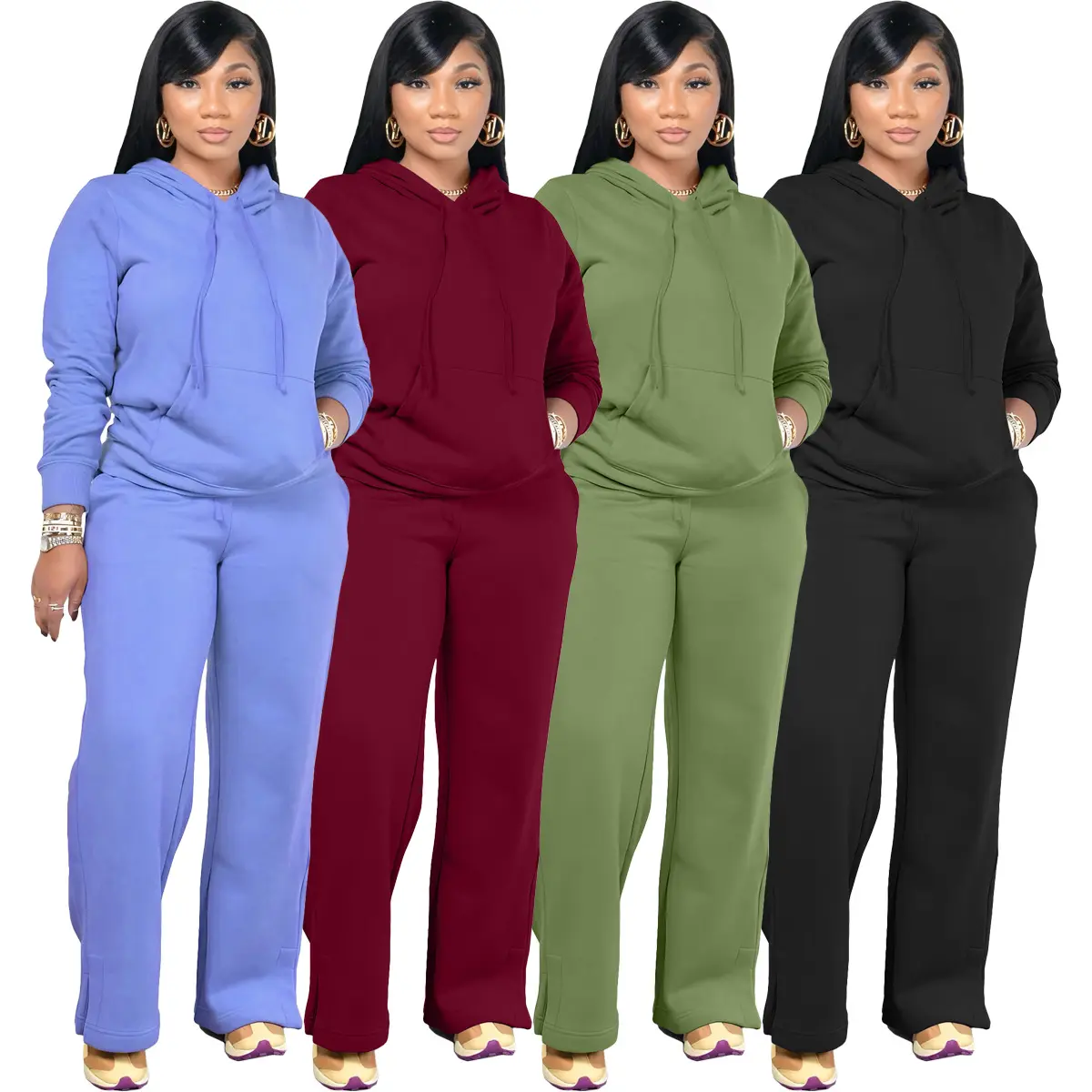 Women's Solid Drawstring Hoodie Set in Blue Maroon Olive & Black Comfortable Stylish Versatile Everyday Wear for Casual Outings