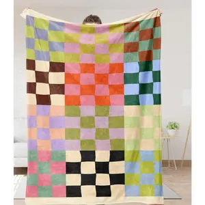 Checkered Blanket Colorful Checkerboard Throw Danish Pastel Room Decor Indie Aesthetic Soft Flannel Fleece Blanket Cozy Bedding for Girls