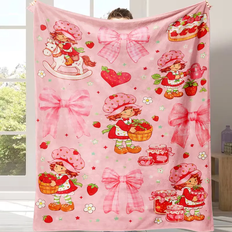 Strawberry Shortcake Kawaii Cartoon Blanket - Ultra-Soft Fuzzy Cozy Cute Pastel Pink Girly Plush Throw with Strawberry & Pastry Designs, Ideal Gift for Children, Use on Sofas & During Travel, Cute Pink Blankets, Fuzzy Cozy Blankets