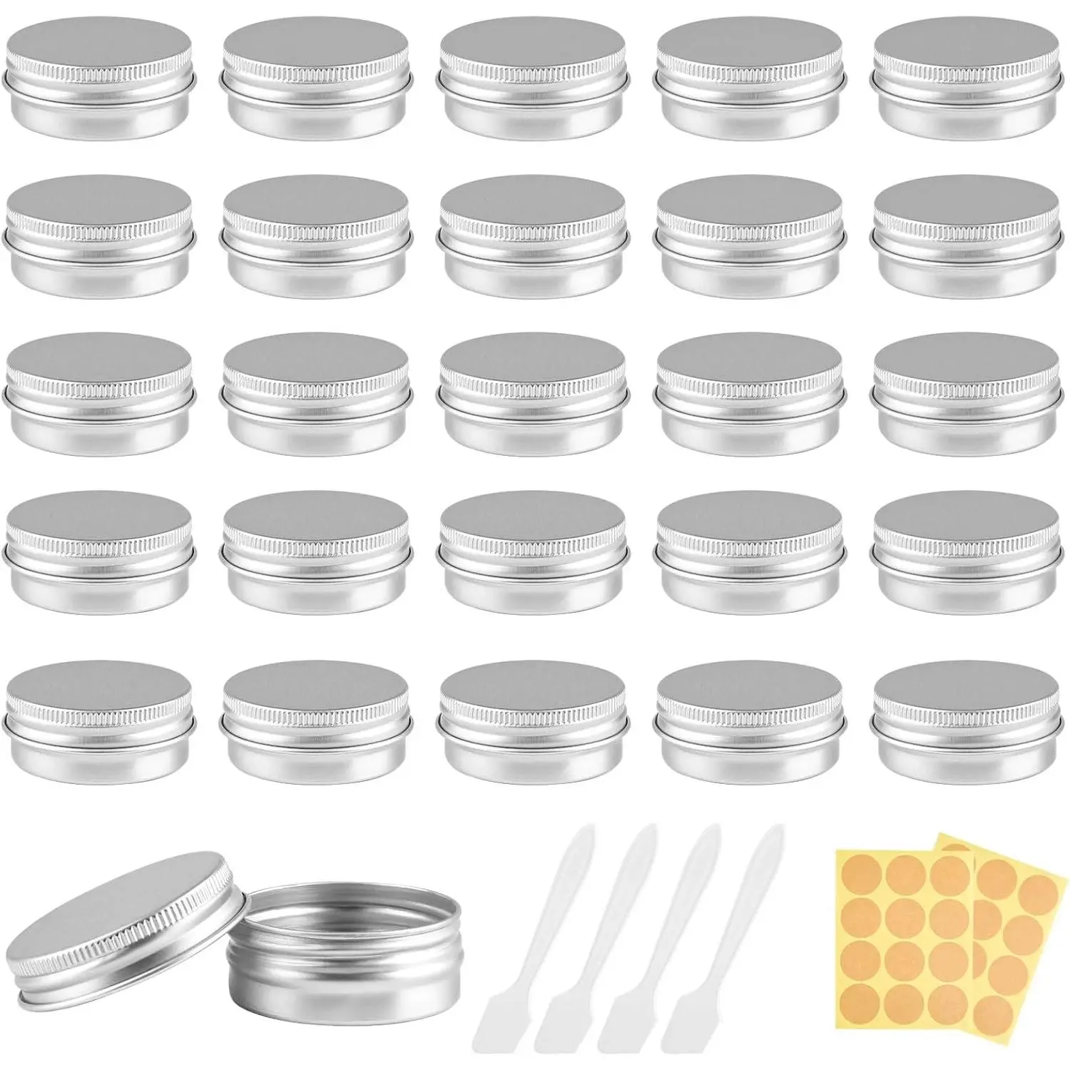 20-Pack Mini Size 15ml Round Aluminium Tin Canisters - Portable Travel Cosmetic Jars with Lids, Mini Spatulas, Sticker Pack, Labels & Empty Cosmetic Bottles, Ideal for Creams, Lip Balm