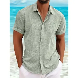 [Green Linen Shirt] Dark Green Linen Men's Shirt - Short Sleeve |   Casual & Formal Summer Top with Invisible Collar |   for Beach, Parties, and Casual Attire