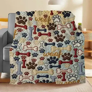 Comfortable Dog Paw Print Blanket with Bone and Wagging Tail Design, Soft Flannel Pet Bed Cover, All-Season Use, Home