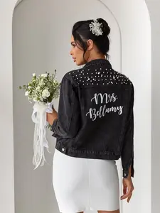 Bridal Mrs Jean Jacket with date under the collar, Wedding Bride Denim Black Jacket, Personalized Denim jacket with Pearls -pearls,autumn