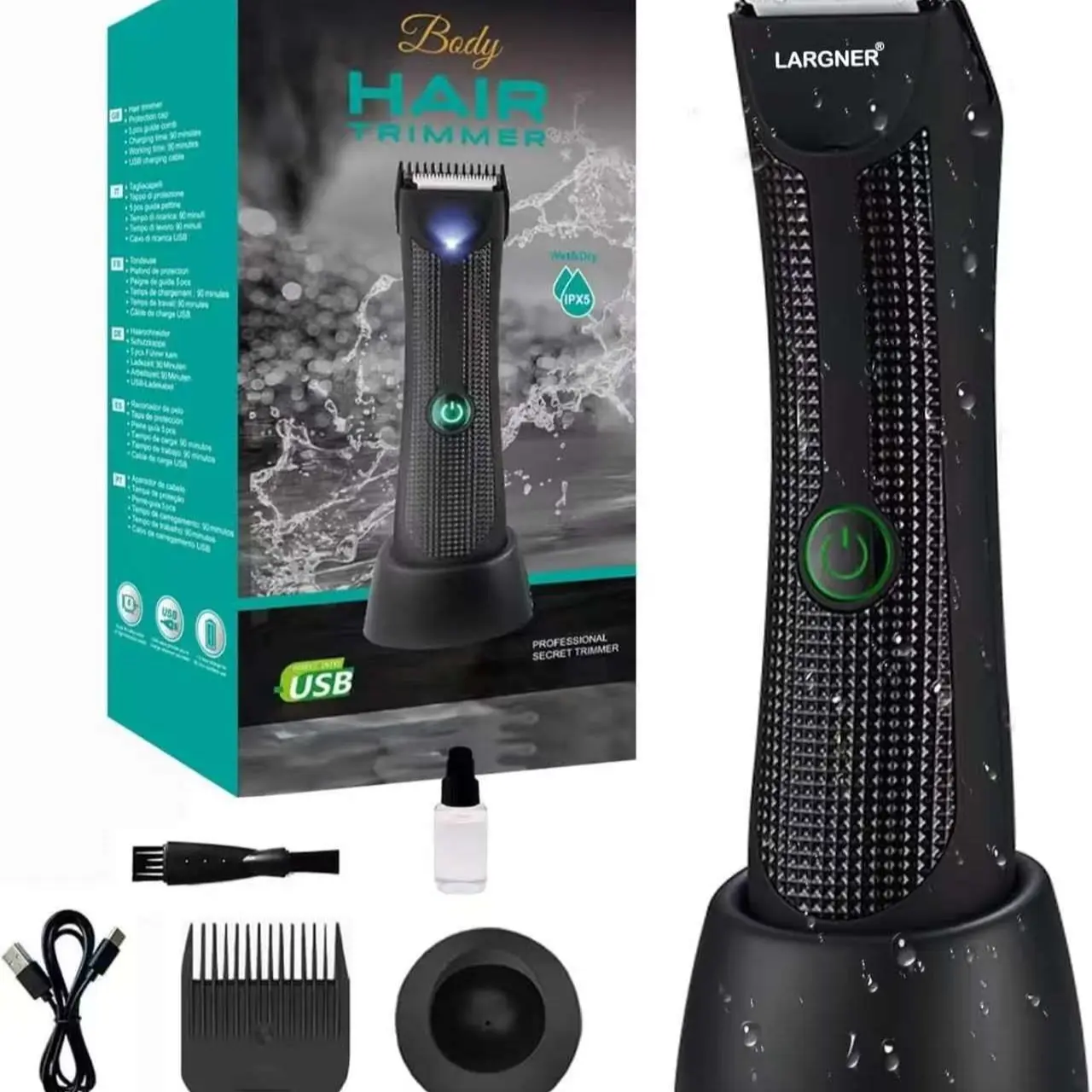 Largner Electric Body Hair Trimmer for Men, Waterproof Ball Shaver, USB Recharge, Replaceable Ceramic Blade, Male Hygiene Razor, Cordless Rechargeable Trimmer, Hair Removal Trimmer, Cordless Charging Trimmer