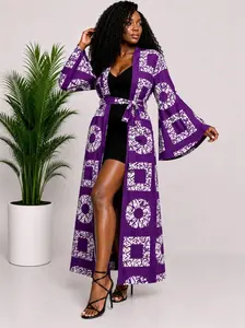 Purple African Print Maxi Kimono | Belted Ankara Duster Cardigan | Elegant Resort & Vacation Wear for Women