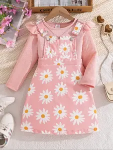 Girls Round Neck Lace Sleeve Long Sleeve Top Set with Floral Print Backless Dress, Fashionable and Stylish for Kids