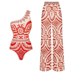 FLAXMAKER Women's One Shoulder Ethnic Print One-Piece Swimsuit and Matching Cover Pants Set Swimwear Bathing Suit Stylish Beachwear #TikTokShopBlackFriday