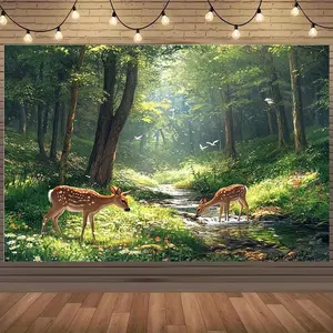 1pc Enchanted Forest Deer Backdrop Serene Nature Style Multiple Sizes No Power Needed Polyester Material Ideal for Forest Themed Parties Spring Photography Fairytale Decor