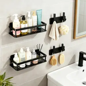 2 Pack Corner Shower Caddy, No Drill Adhesive Wall Mounted Shower Shelf, Bathroom Kitchen Storage Organizer with Removable Hooks