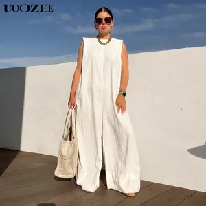 UOOZEE Women's Solid White Cotton Sleeveless Wide Leg Jumpsuit with Crew Neck & Button Closure for Spring Comfortable Casual Wear