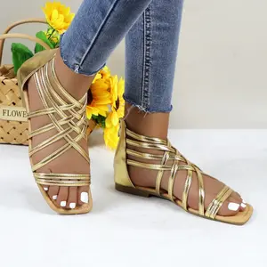 Women's Gladiator Flat Sandals Criss-cross Strappy Fisherman Square Open Toe Footwear with Back Zipper Girl Fashion Comfortable Summer Casual Dress Shoes for Daily Wear