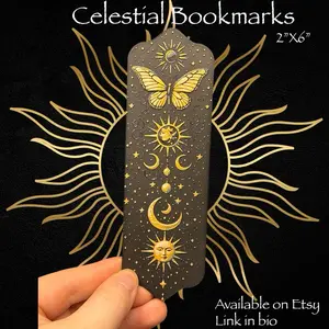 Celestial Moth & Moon Bookmark 2"x6" Gold Sun Design for Book Lovers