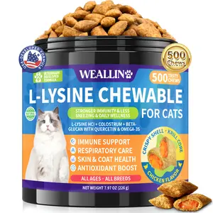 WEALLIN L-Lysine Supplement Chews for Cats – 500 Crunchy Chews with Krill Core, Immune & Respiratory Support, Colostrum & Omega-3s for Sneezing & Runny Nose, Chicken Flavor, All Ages & Breeds