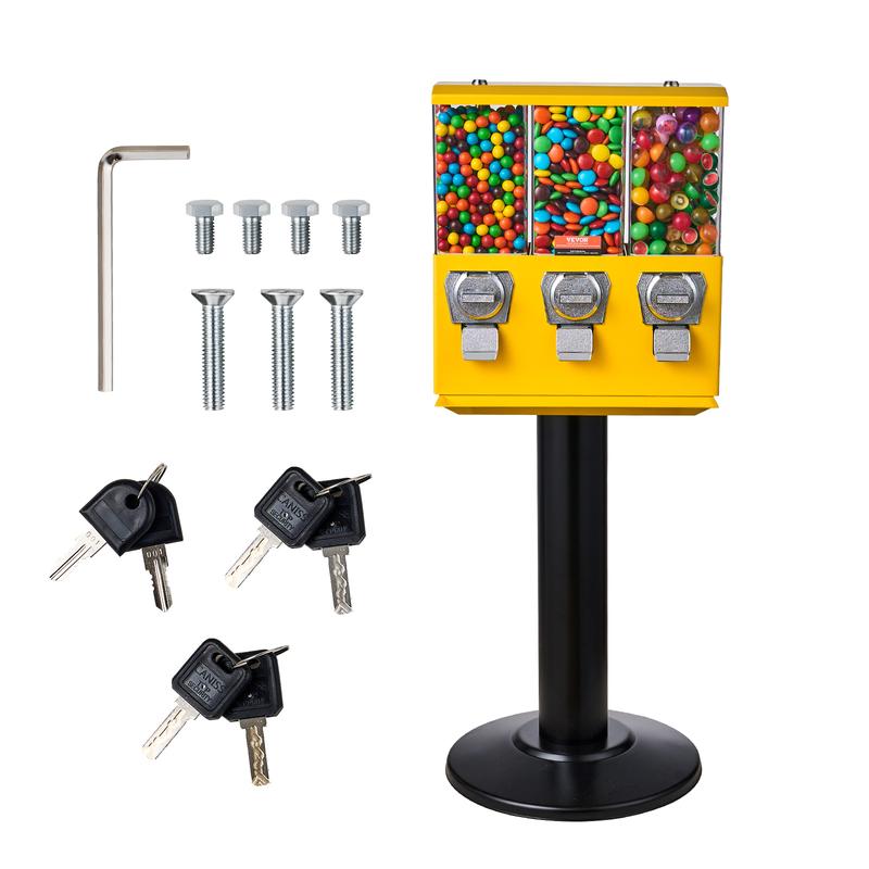 VEVOR Commercial Vending Machine,  , Triple Compartment Candy Dispenser with Iron Stand, Gumball and Candy Machine for Business, Coin Operated Gumball Bank for Toy Capsules Bouncy Balls Candy Nut, Yellow