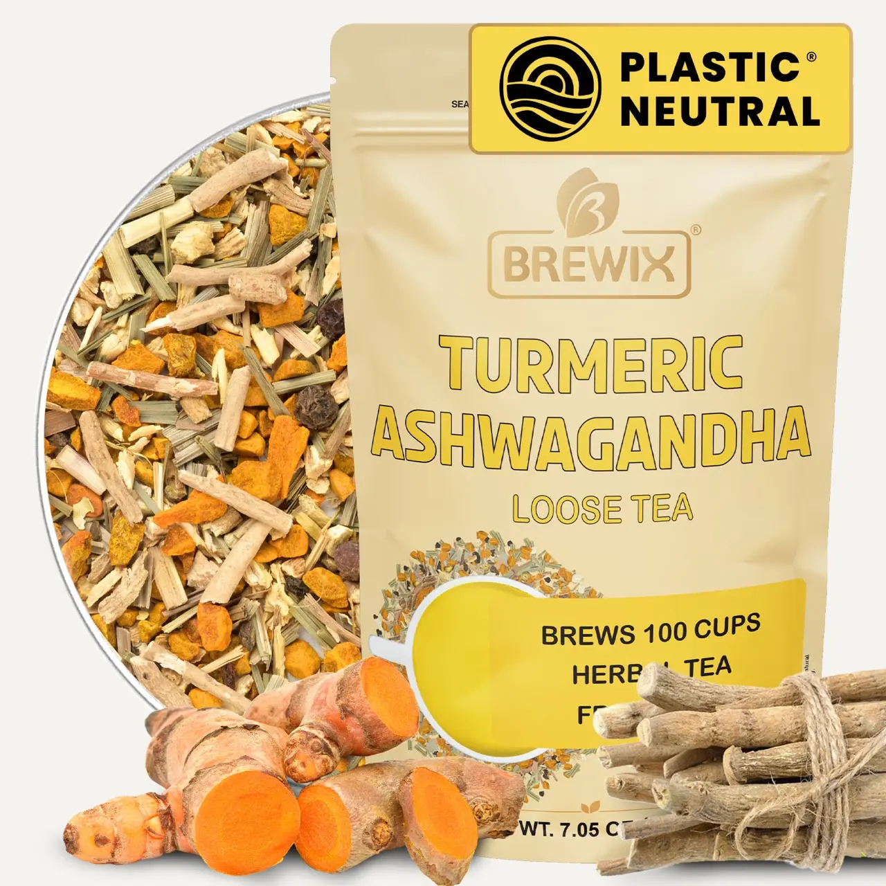 BREWIX, Turmeric Ashwagandha Herbal Tea Loose Leaf (100+ Cups, 7.05oz/200g) Real Ingredients From India, Caffeine Free & Naturally Gluten Free