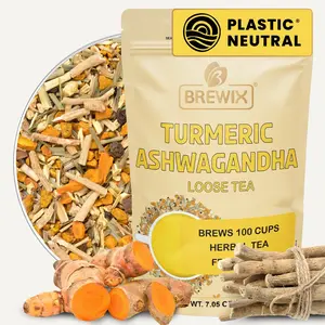 BREWIX, Turmeric Ashwagandha Herbal Tea Loose Leaf (100+ Cups, 7.05oz/200g) Real Ingredients From India, Caffeine Free & Naturally Gluten Free