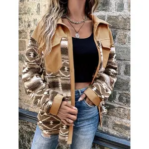 Women's Long Sleeve Aztec Pattern Teddy Jacket, Casual Button Front Polyester Outerwear Coat with Pockets