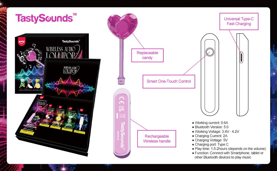 AMOS TastySounds Wireless Audio Lollipop Gift Set, Listen to Music Through Candy, MultiFlavor Novelty Candy Combo with Rechargeable Audio Device for Gifts AMOS TastySounds Wireless Audio Lollipop Gift Set, Listen to Music Through Candy, MultiFlavor Novelty Candy Combo with Rechargeable Audio Device for Gifts