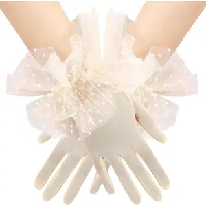 Women's Short Puffy Ruffle Lace Tulle Sheer Mesh Gloves Tea Party Gloves for Wedding Bridal Prom Costume